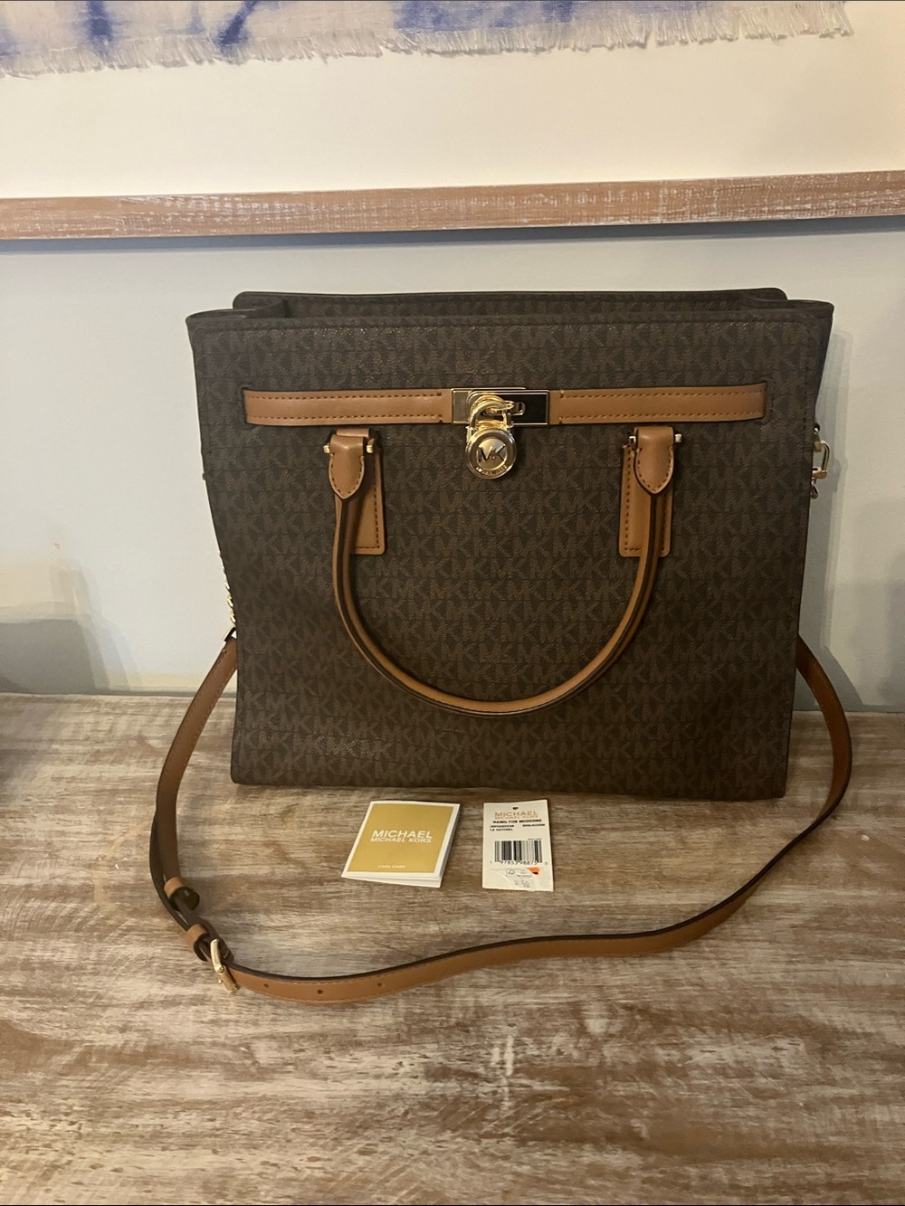 Michael Kors Brown Logo Satchel with Tan Trim and Gold Hardware